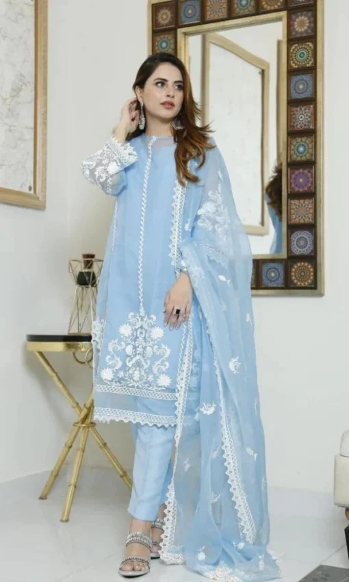 Organza Embroidered 4PC Unstitched Suit With Same Dupatta [FR-4142] - Image 3