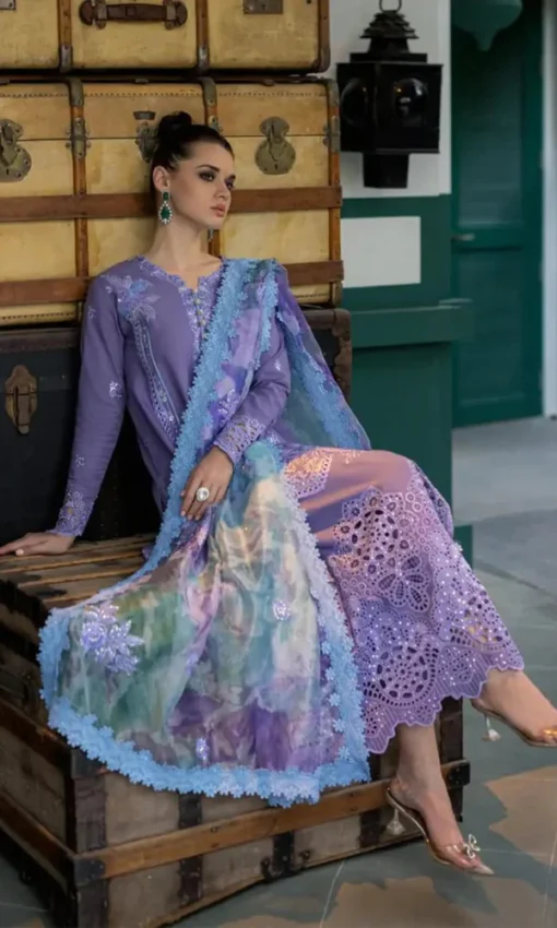 3PC Unstitched Chikan Kari Embroidered Lawn Suit with Cotton Net Silk Printed Dupatta [RC-7001] - Image 2