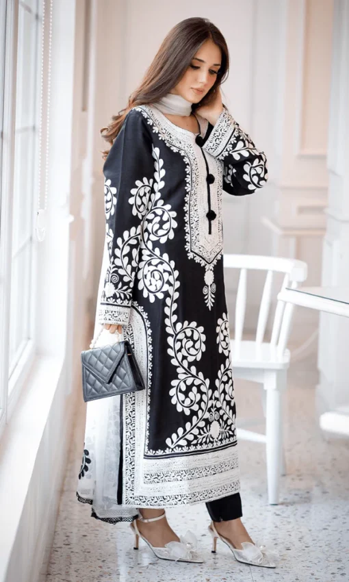 Unstitched 3PC Embroidered Lawn Suit With Printed Monaar Dupatta [RC-7049] - Image 3