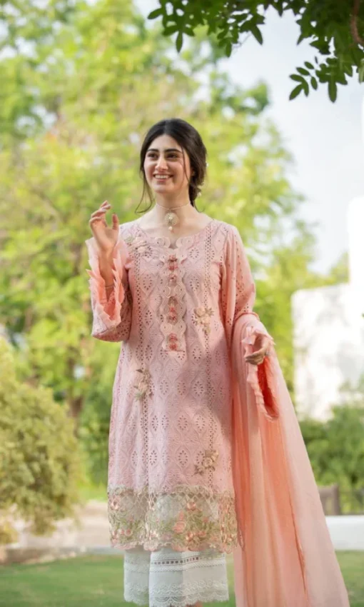 Lawn Unstitched Embroidered 3pc Suit With Bamber Chiffon Embroidered Dupatta [RC-7035] - Image 2