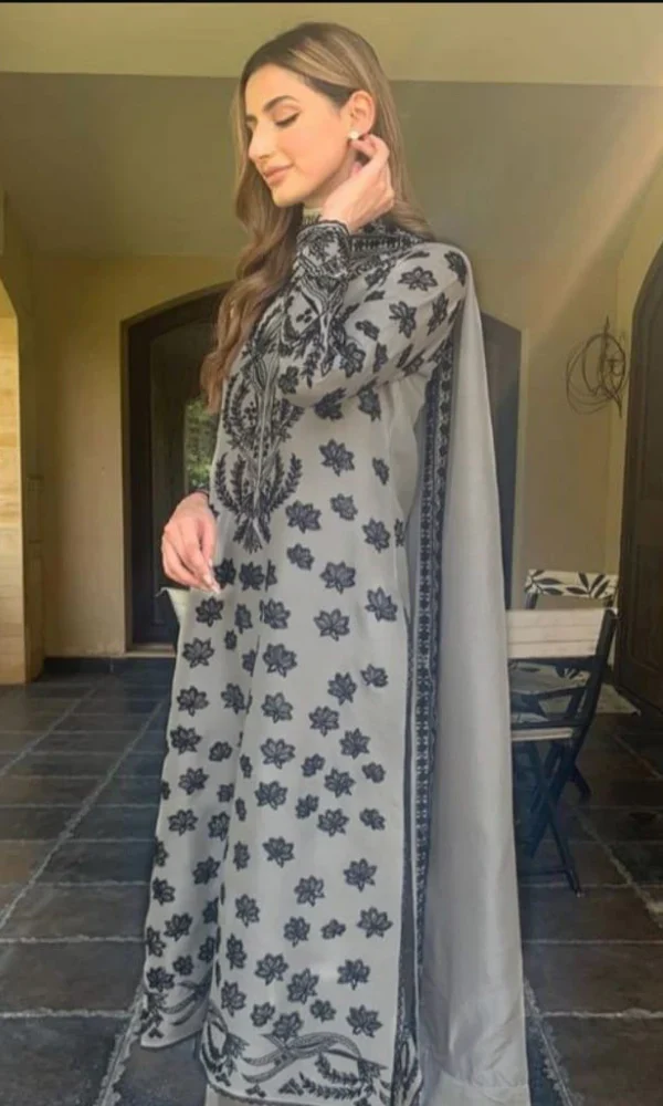 Embroidered Suit With Embroidered Organza Dupatta