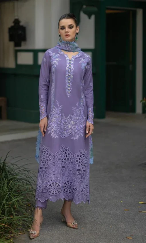 3PC Unstitched Chikan Kari Embroidered Lawn Suit with Cotton Net Silk Printed Dupatta [RC-7001] - Image 4