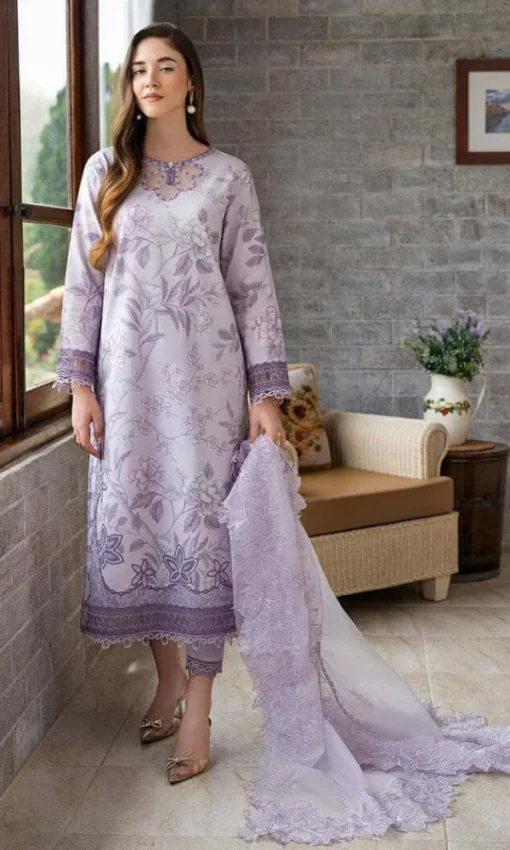 Lawn Unstitched Embroidered 3PC Suit With Four Sided Embroidered Organza Dupatta [RC-7032] - Image 2