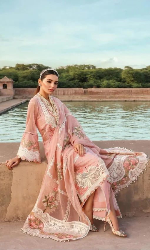 Classic 3PC Unstitched Lawn Chikankari Embroidered Suit with Organza Dupatta [RC-7024] - Image 4