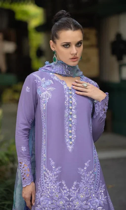 3PC Unstitched Chikan Kari Embroidered Lawn Suit with Cotton Net Silk Printed Dupatta [RC-7001] - Image 3