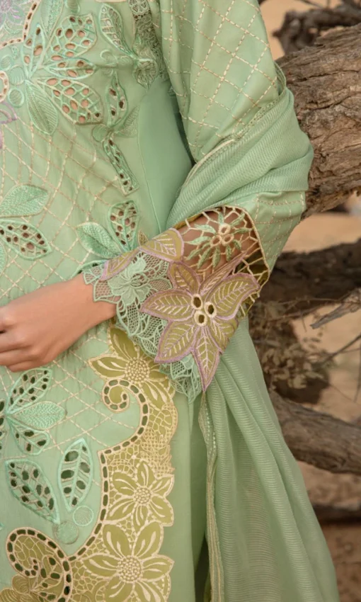 3PC Unstitched Chikankari Heavy Embroidered Lawn Suit with Organza Dupatta [RC-7009] - Image 4