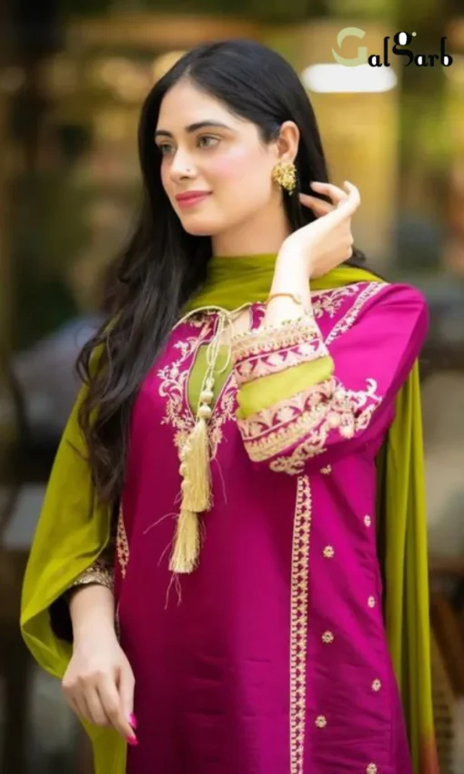 Embroidered Lawn 3pc Suit With Bamber Chiffon Dupatta [RC-7017] - Image 3