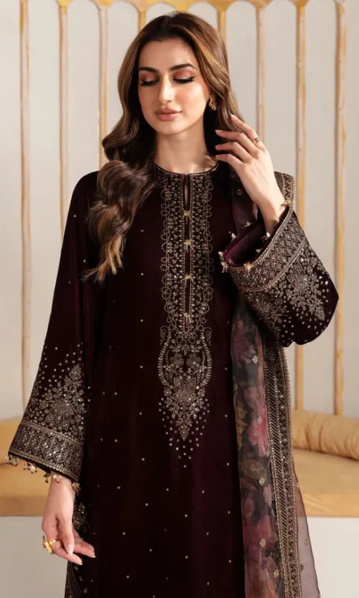 Unstitched 3PC Embroidered Velvet Suit With Organza Dupatta  [VT-5604] - Image 4