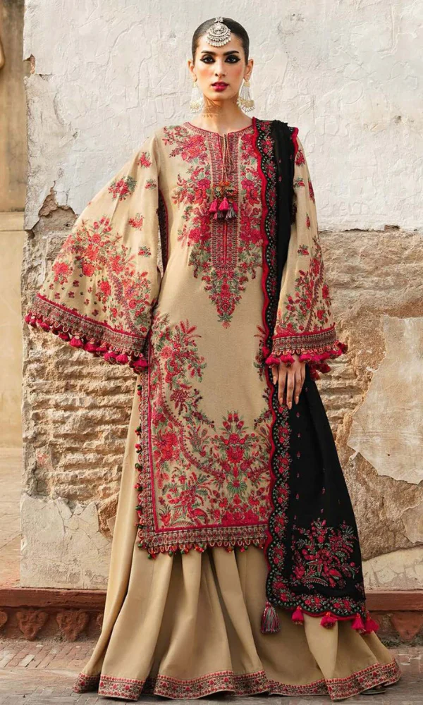 Unstitched 3PC Embroidered Dhanak Suit With Premium Shawl [WD-6014]